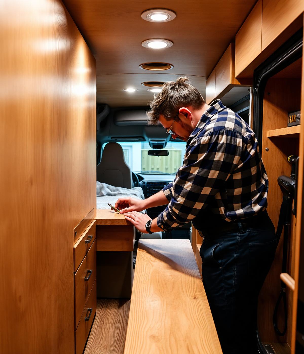 Artesano instalando muebles a medida en una camper